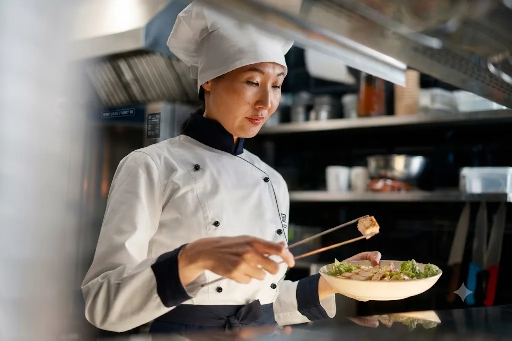 chef holding food with thongs